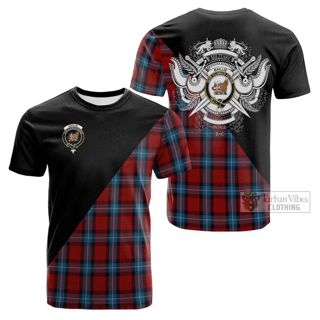 Baillie of Polkemmet Red Tartan Cotton T-shirt with Family Crest and Military Logo Style