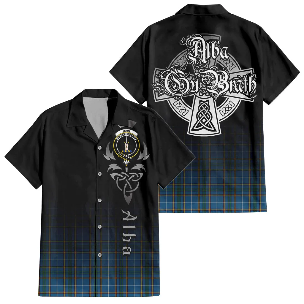 Bain Tartan Short Sleeve Button Up Shirt Featuring Alba Gu Brath Family Crest Celtic Inspired