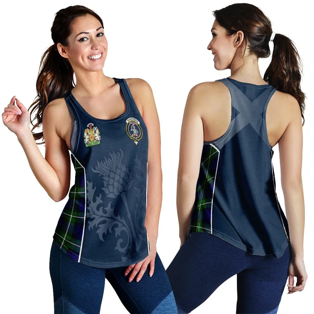 Bannerman Tartan Women's Racerback Tanks with Family Crest and Scottish Thistle Vibes Sport Style