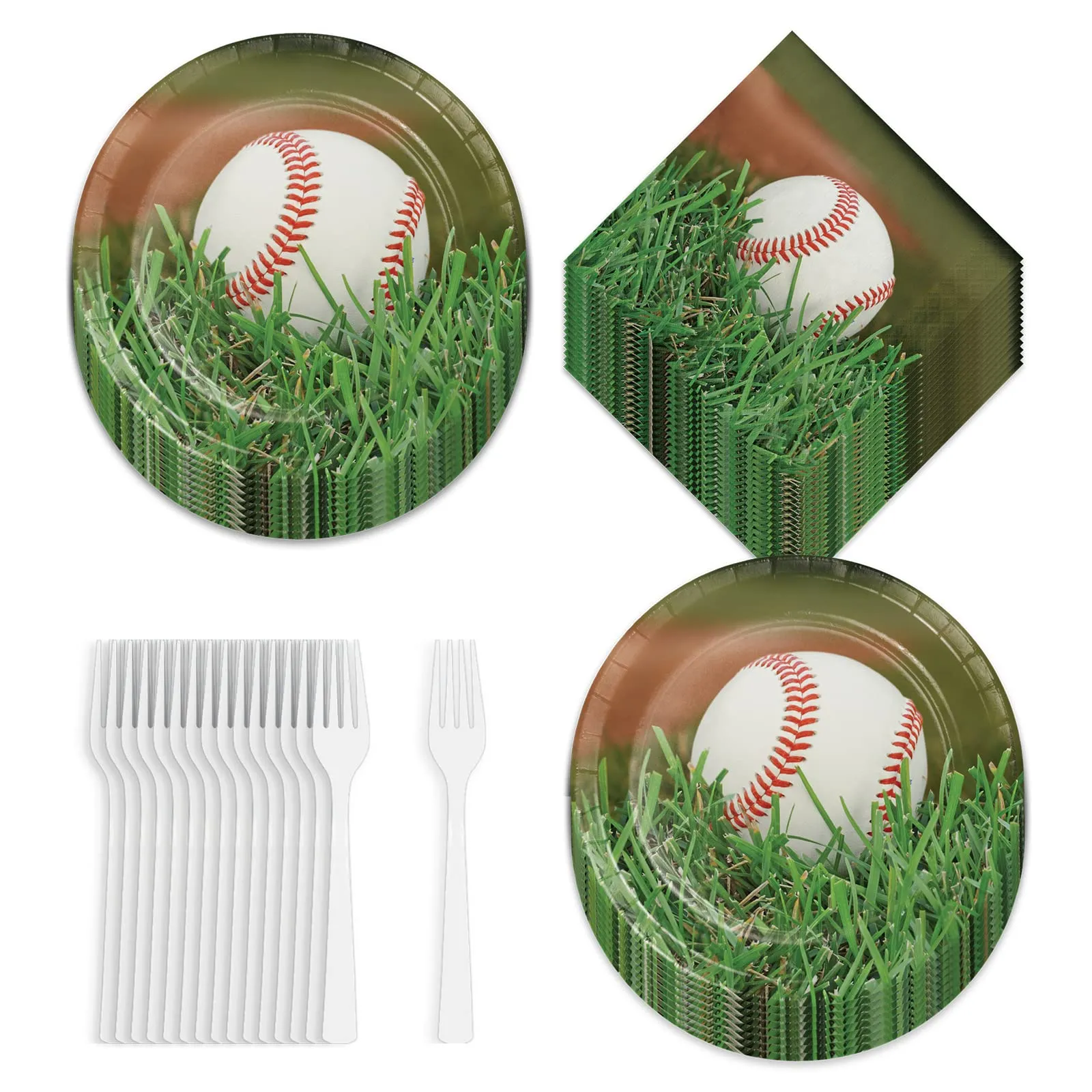 Baseball Party Supplies - Dinner Plates, Luncheon Napkins, and Forks (Serves 16)