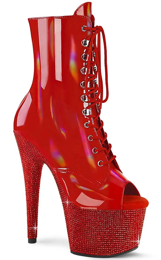 BEJEWELED-1021-7 Red Holo Patent Rhinestone Boots