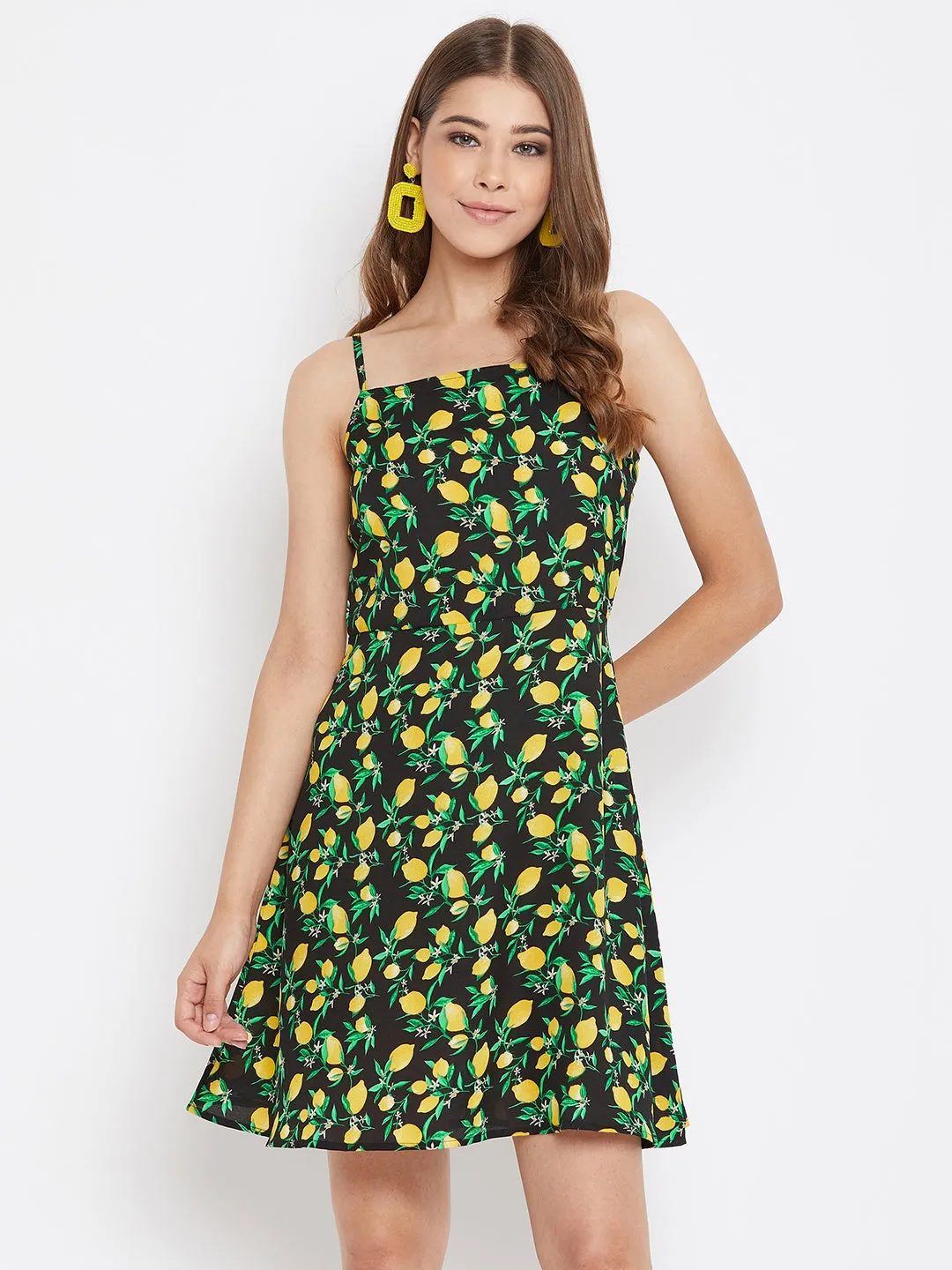 Berrylush Women Black Lemon Printed Fit and Flare Mini Dress