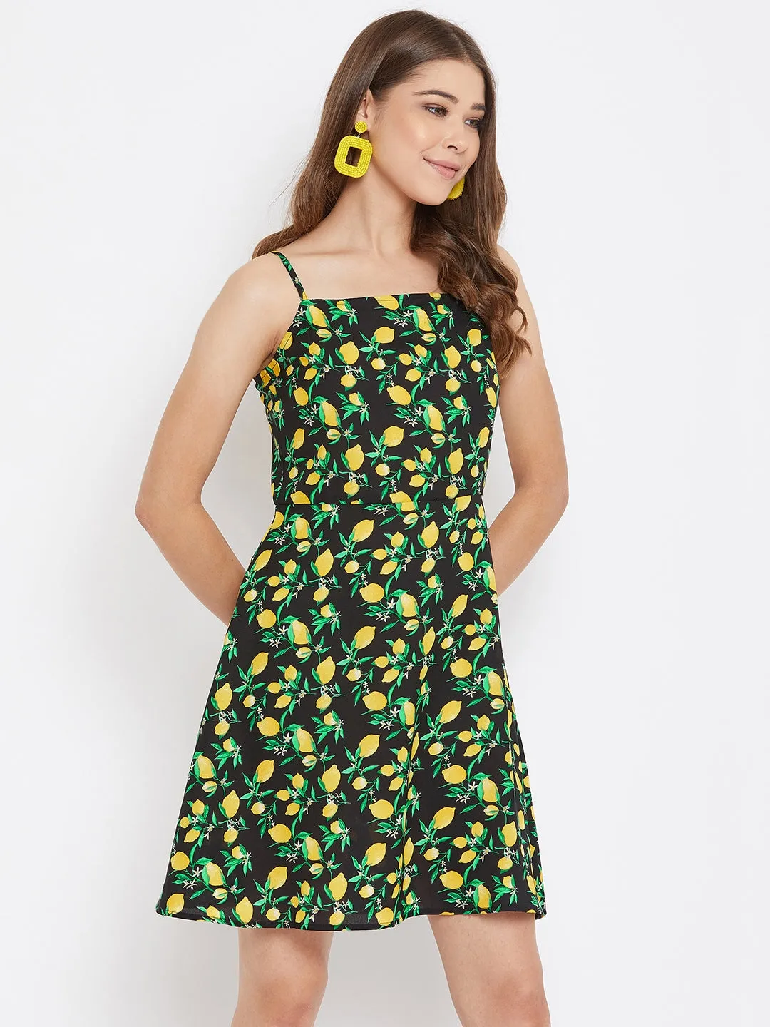 Berrylush Women Black Lemon Printed Fit and Flare Mini Dress