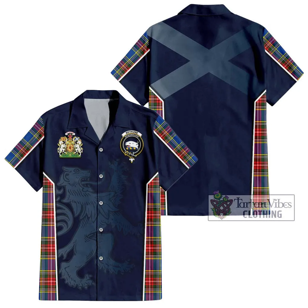 Bethune Tartan Short Sleeve Button Shirt with Family Crest and Lion Rampant Vibes Sport Style