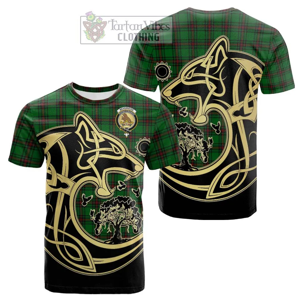 Beveridge Tartan Cotton T-shirt with Family Crest Celtic Wolf Style