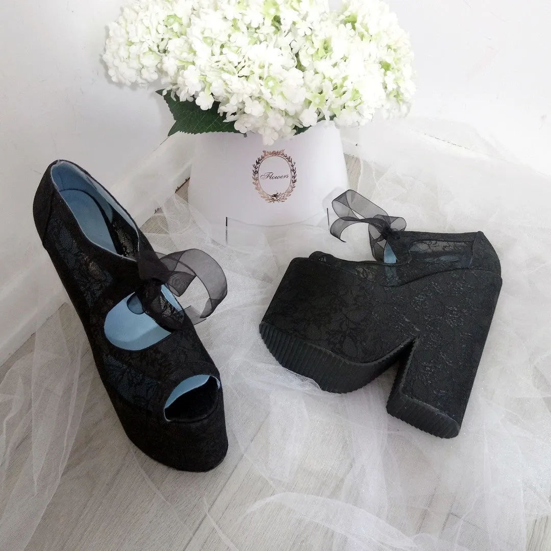 Black Full Lace Super High Heel Wedding Wedge Shoes