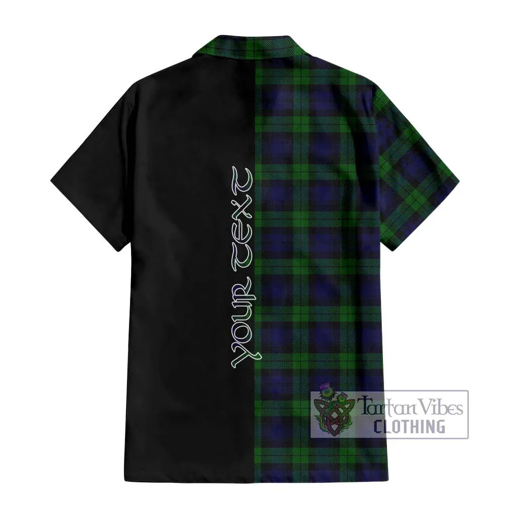 Black Watch Tartan Short Sleeve Button Shirt with Family Crest and Half Of Me Style