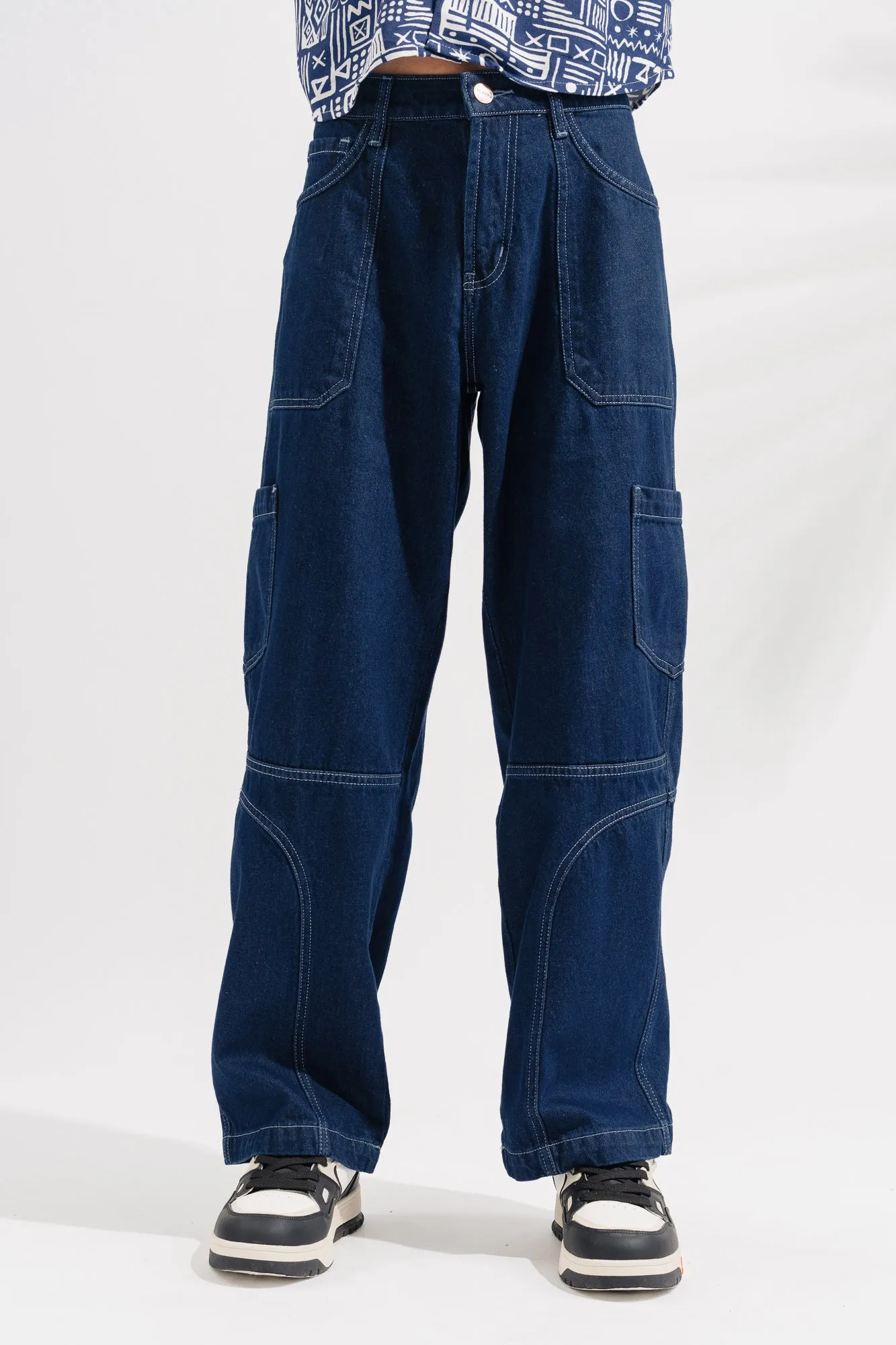 Blue Contrast Seam Cargo Men's Jeans