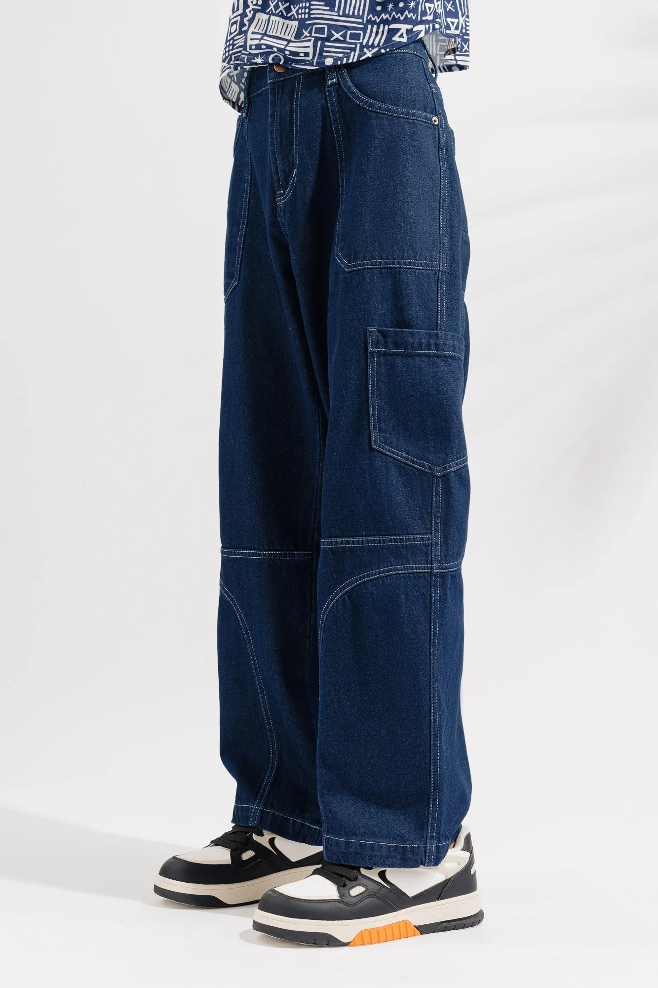 Blue Contrast Seam Cargo Men's Jeans