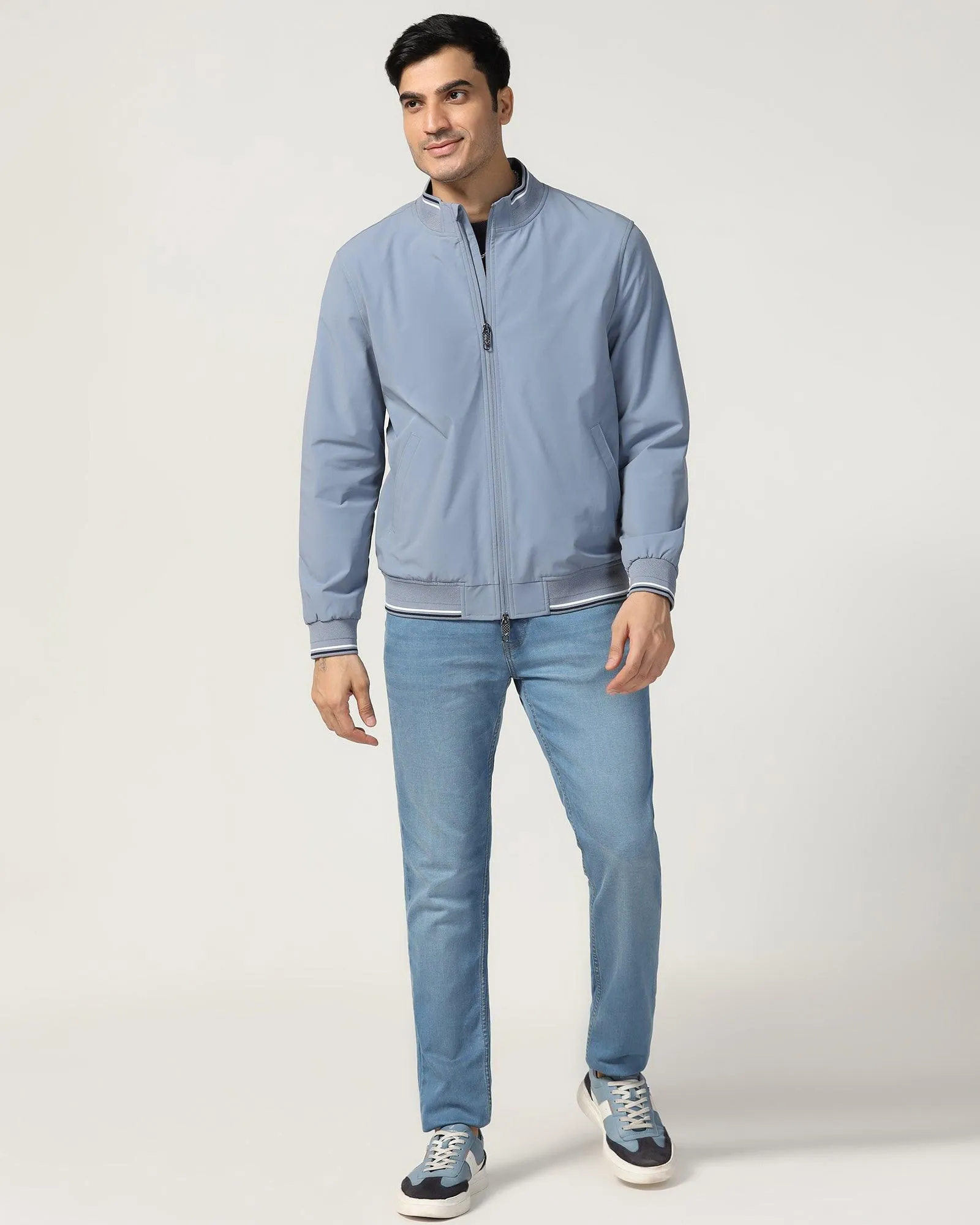 Bomber Sky Blue Solid Zipper Jacket - Cornell