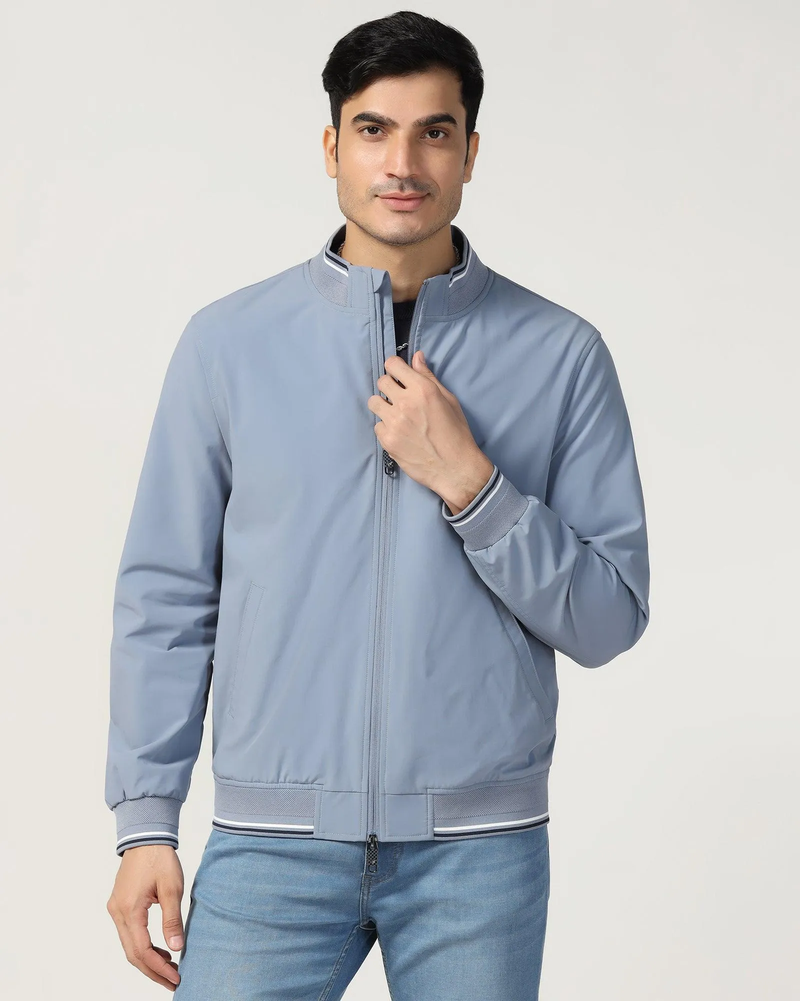 Bomber Sky Blue Solid Zipper Jacket - Cornell