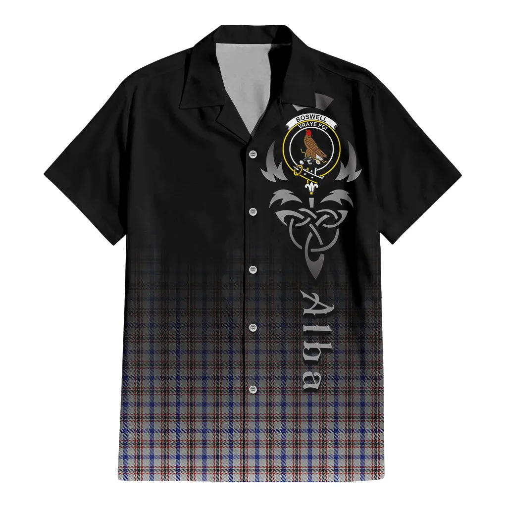 Boswell Tartan Short Sleeve Button Up Shirt Featuring Alba Gu Brath Family Crest Celtic Inspired