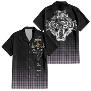 Boswell Tartan Short Sleeve Button Up Shirt Featuring Alba Gu Brath Family Crest Celtic Inspired