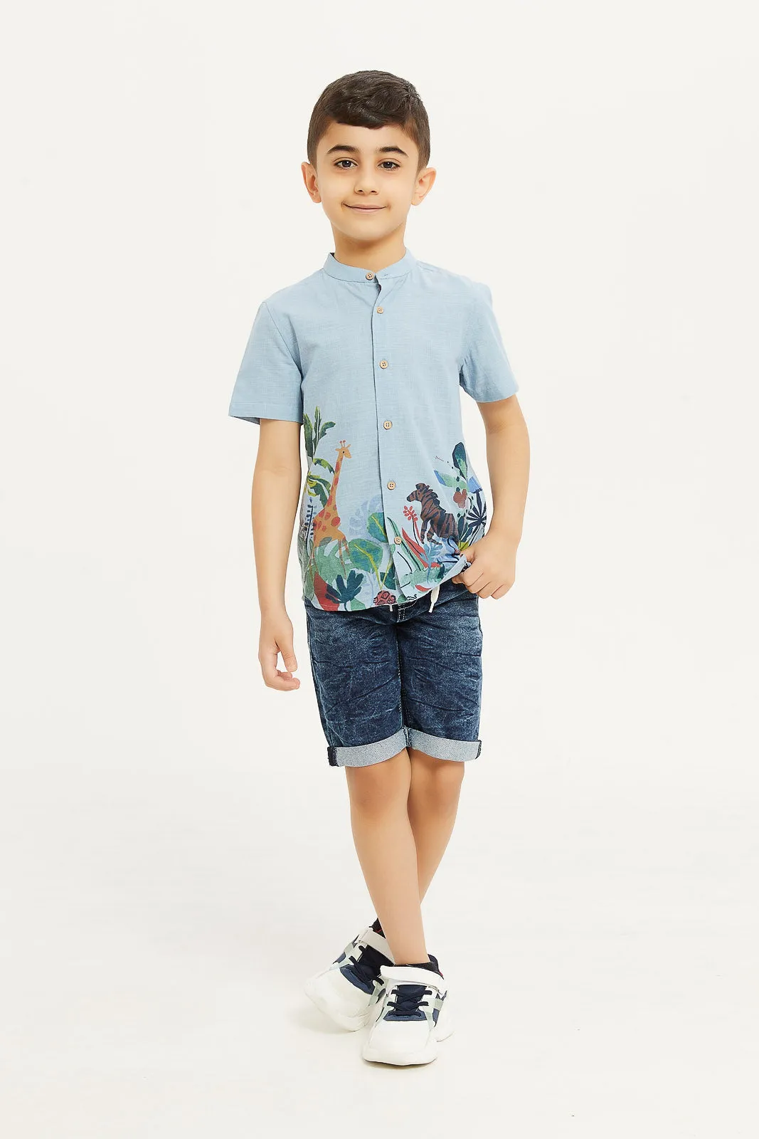 Boys Blue Cotton Printed Shirt