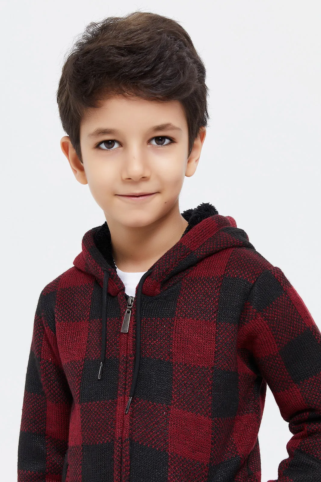 Boys Red And Black Checkered Hooded Zipper Cardigan