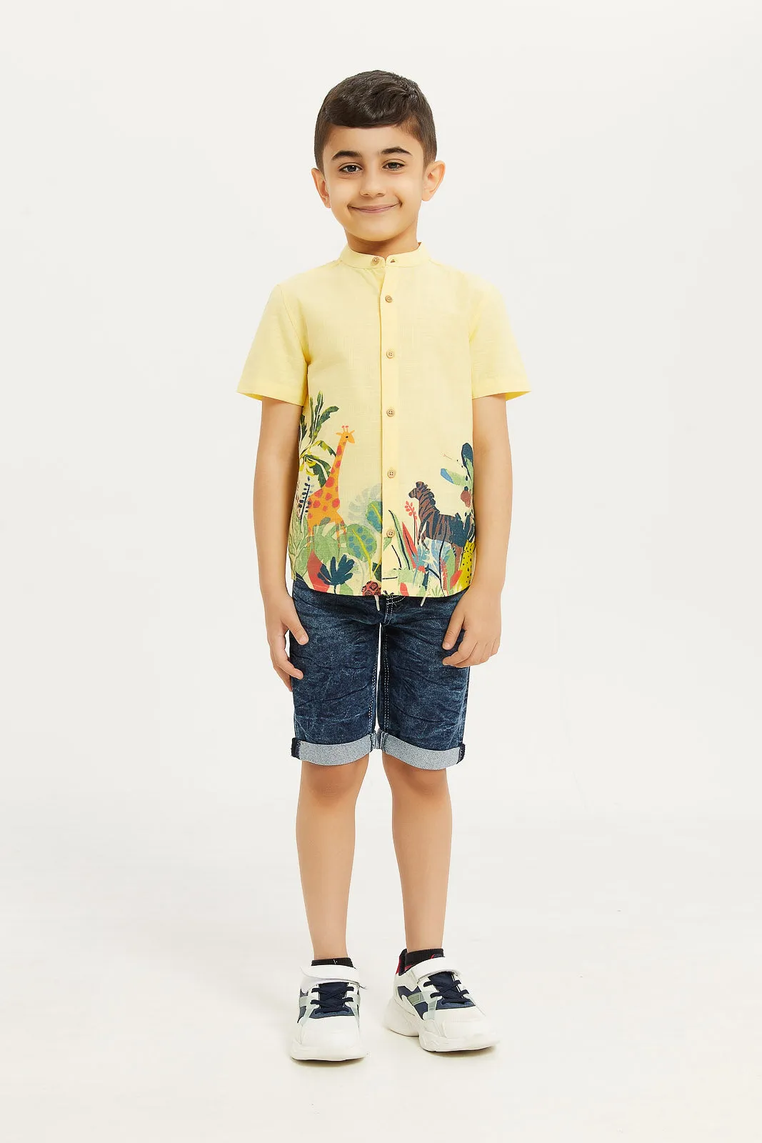 Boys Yellow Cotton Printed Shirt