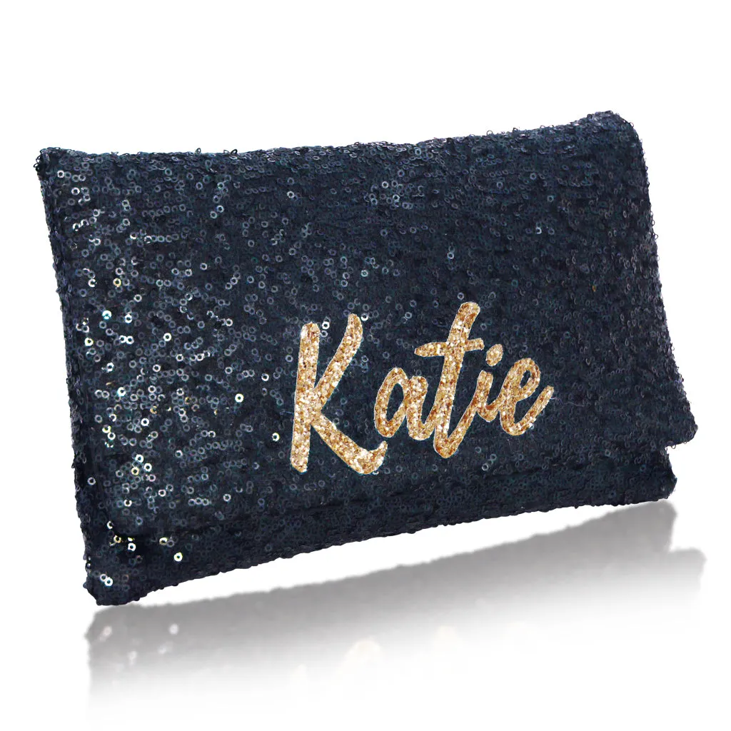 Bridesmaids gifts - set of black or navy sequin personalised name clutches