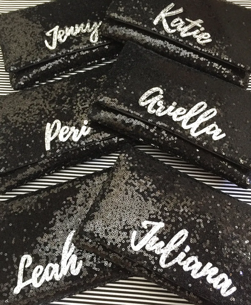 Bridesmaids gifts - set of black or navy sequin personalised name clutches