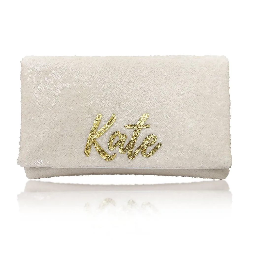 Bridesmaids gifts - set of ivory sequin personalised initial clutches