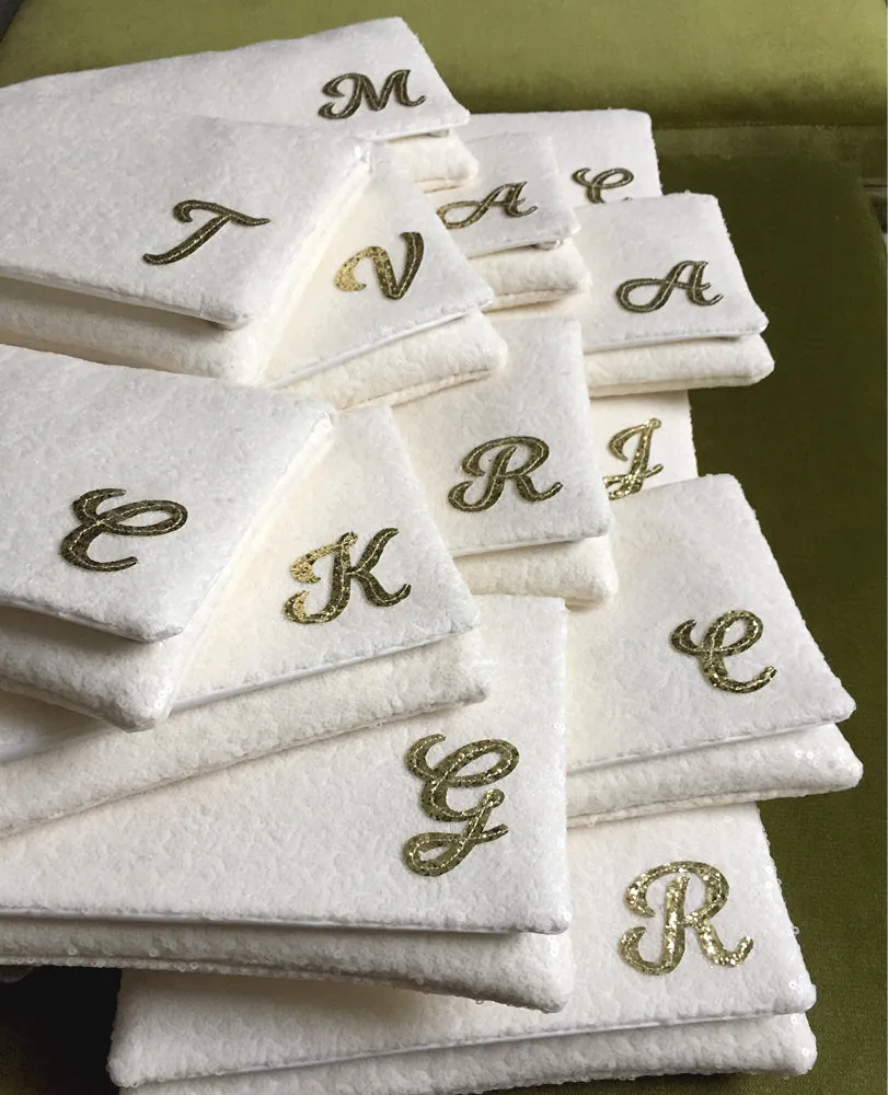 Bridesmaids gifts - set of ivory sequin personalised initial clutches