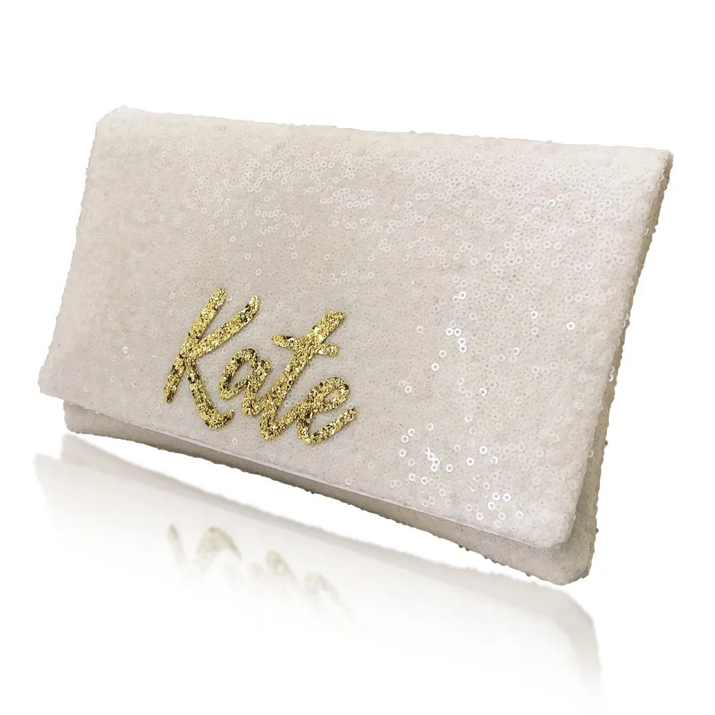 Bridesmaids gifts - set of ivory sequin personalised initial clutches