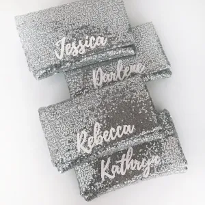 Bridesmaids gifts - set of silver sequin personalised name clutches