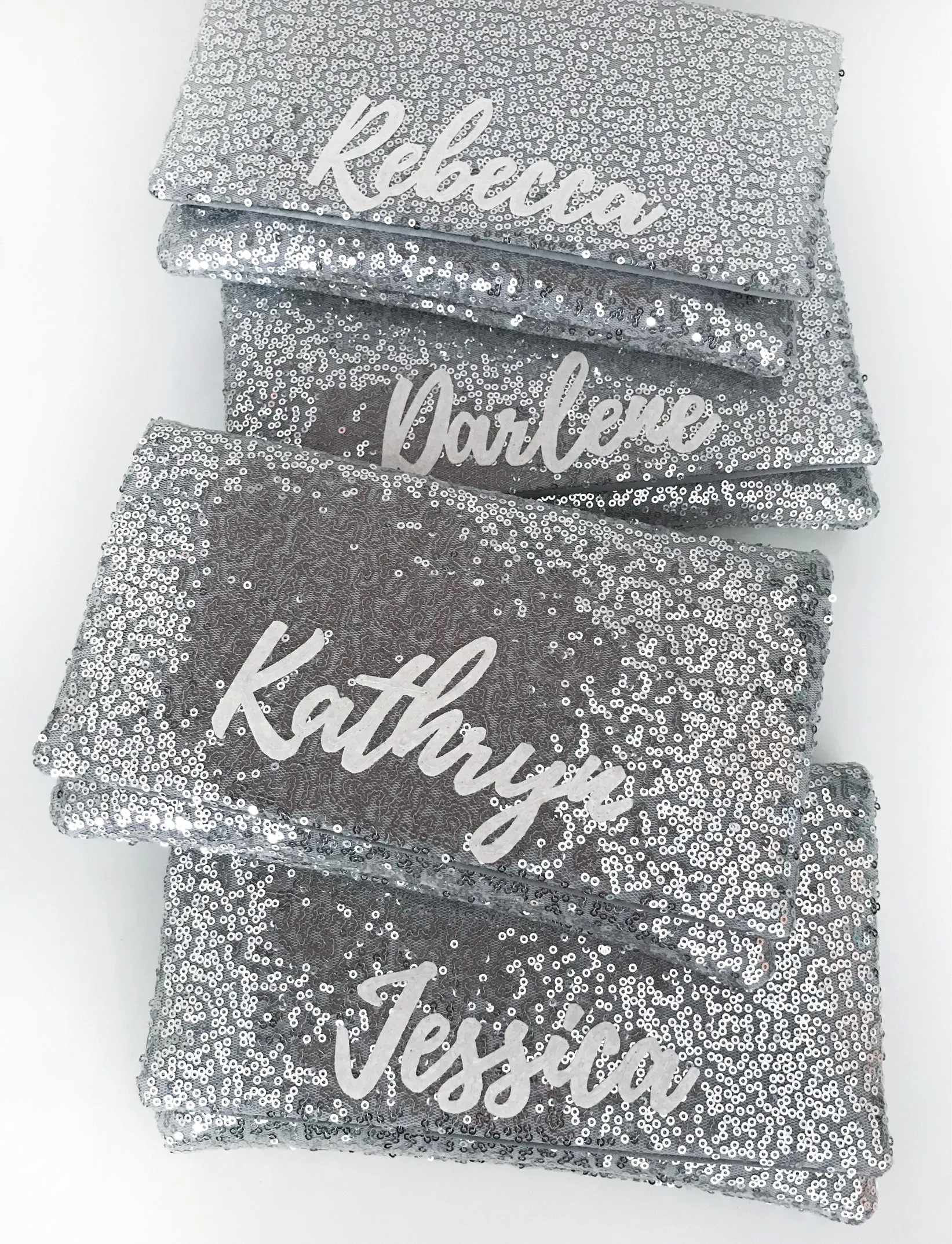 Bridesmaids gifts - set of silver sequin personalised name clutches