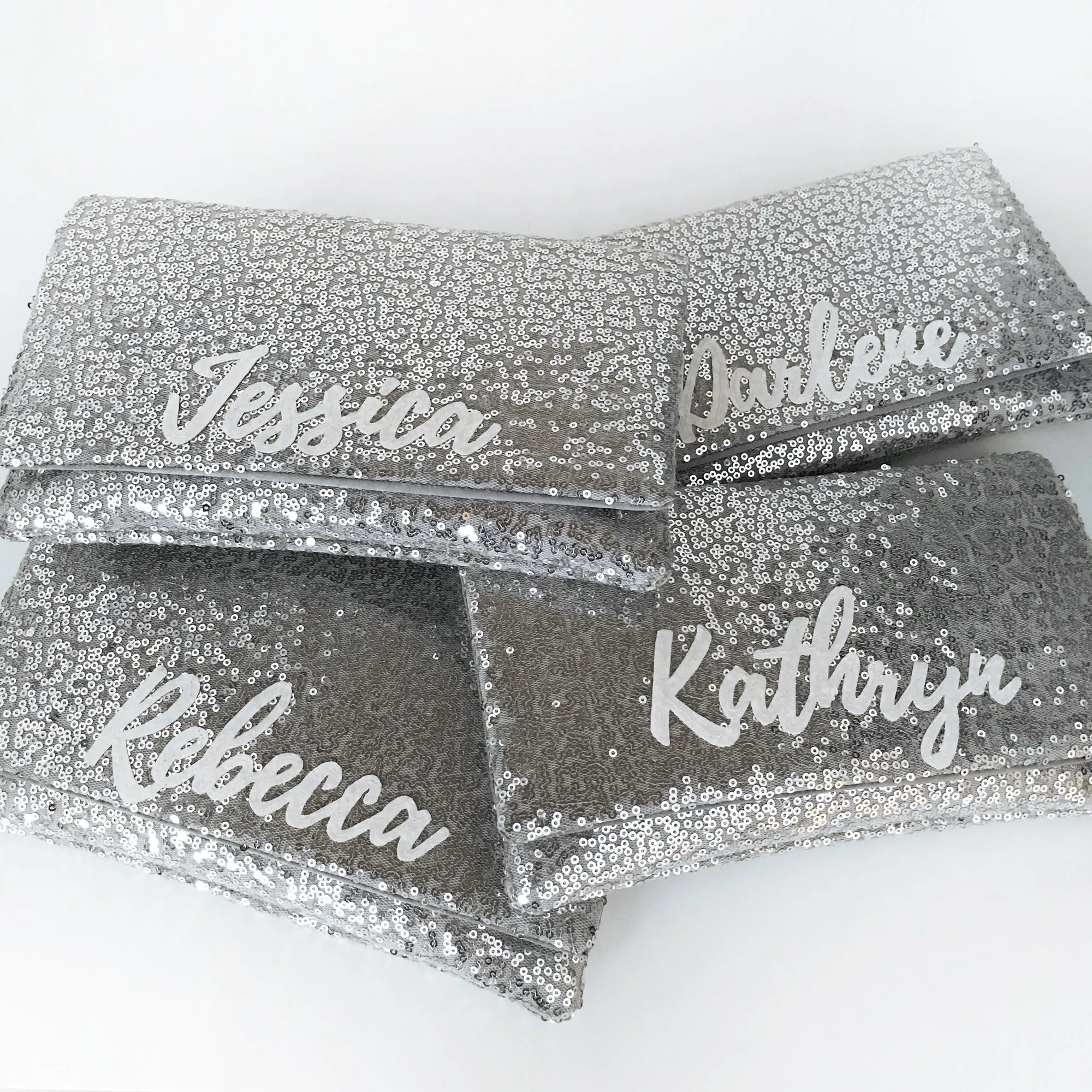 Bridesmaids gifts - set of silver sequin personalised name clutches