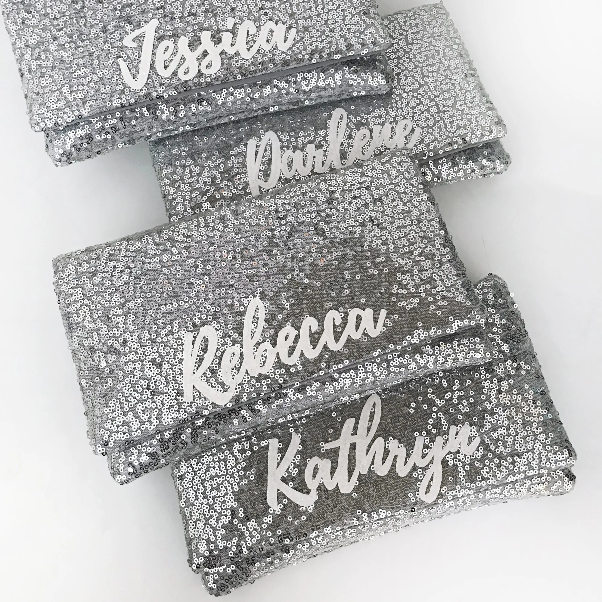 Bridesmaids gifts - set of silver sequin personalised name clutches