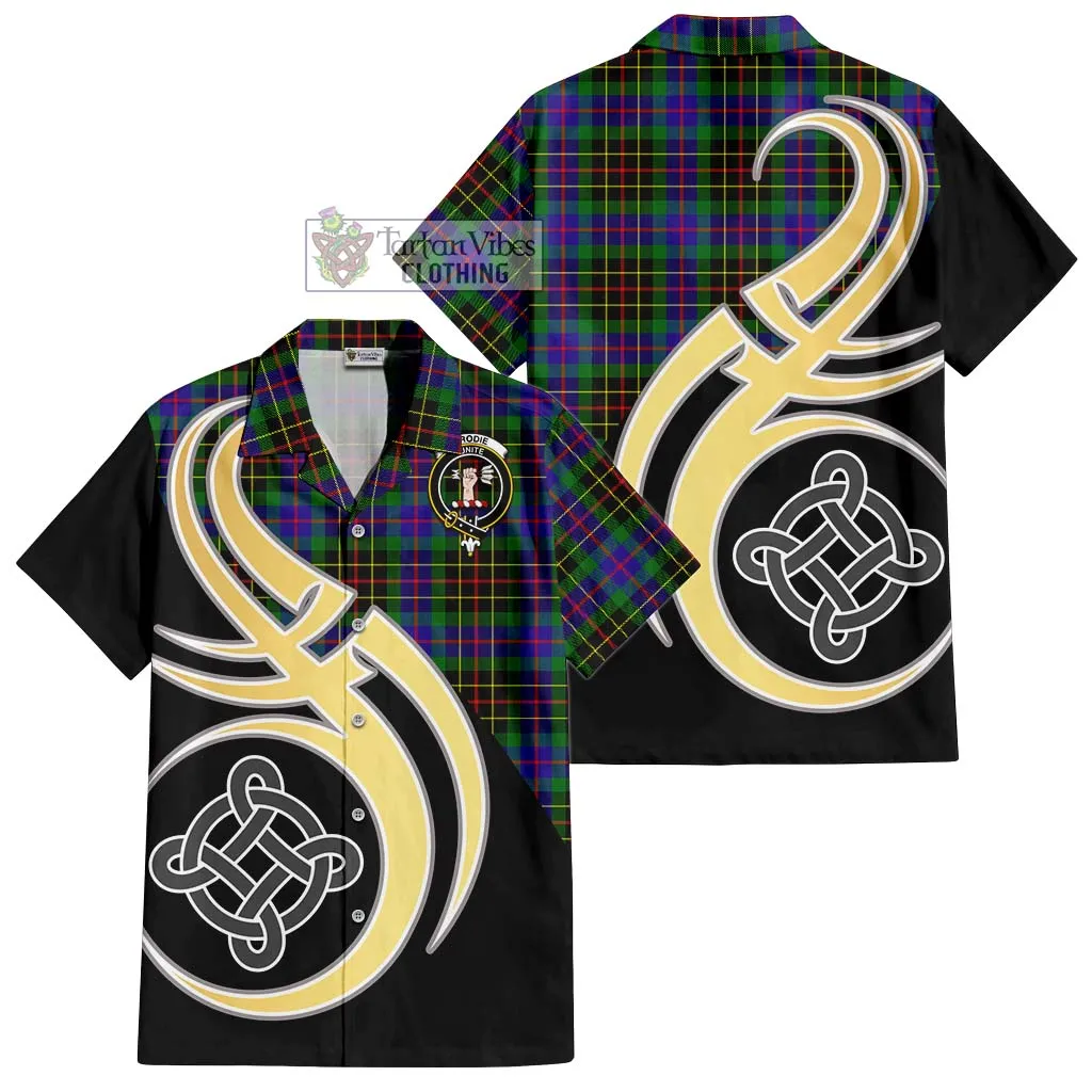 Brodie Hunting Modern Tartan Short Sleeve Button Shirt with Family Crest and Celtic Symbol Style