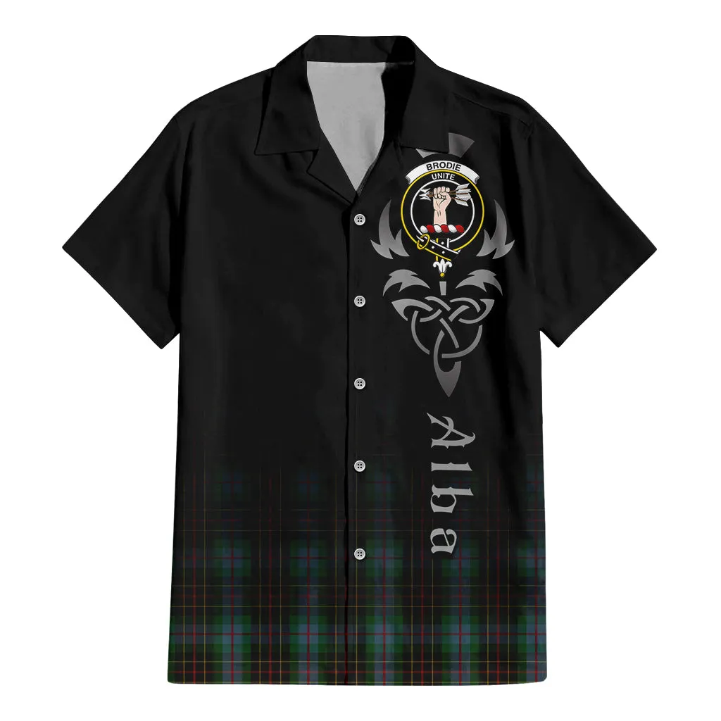 Brodie Hunting Tartan Short Sleeve Button Up Shirt Featuring Alba Gu Brath Family Crest Celtic Inspired