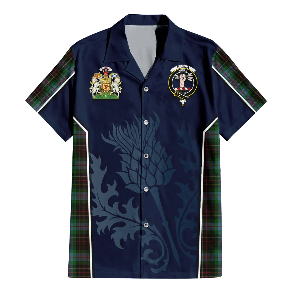 Brodie Hunting Tartan Short Sleeve Button Up Shirt with Family Crest and Scottish Thistle Vibes Sport Style