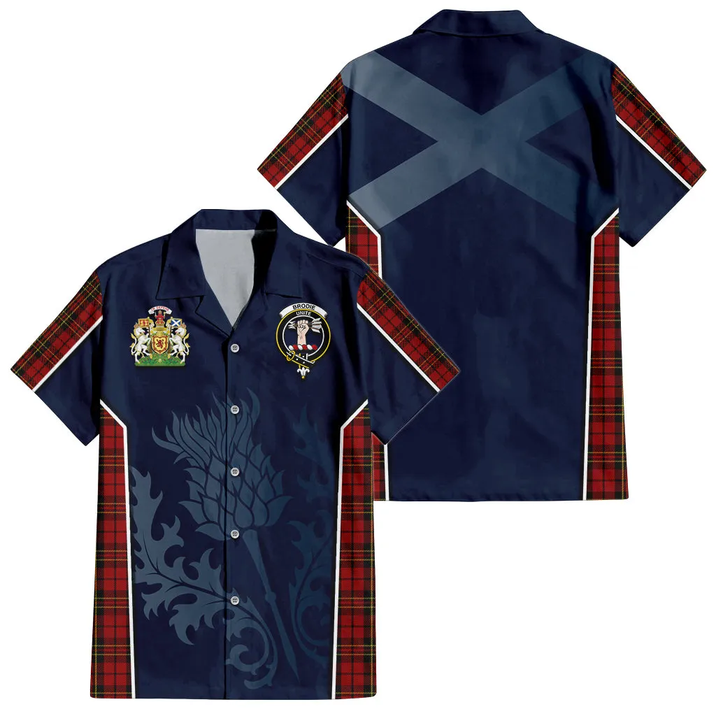 Brodie Tartan Short Sleeve Button Up Shirt with Family Crest and Scottish Thistle Vibes Sport Style