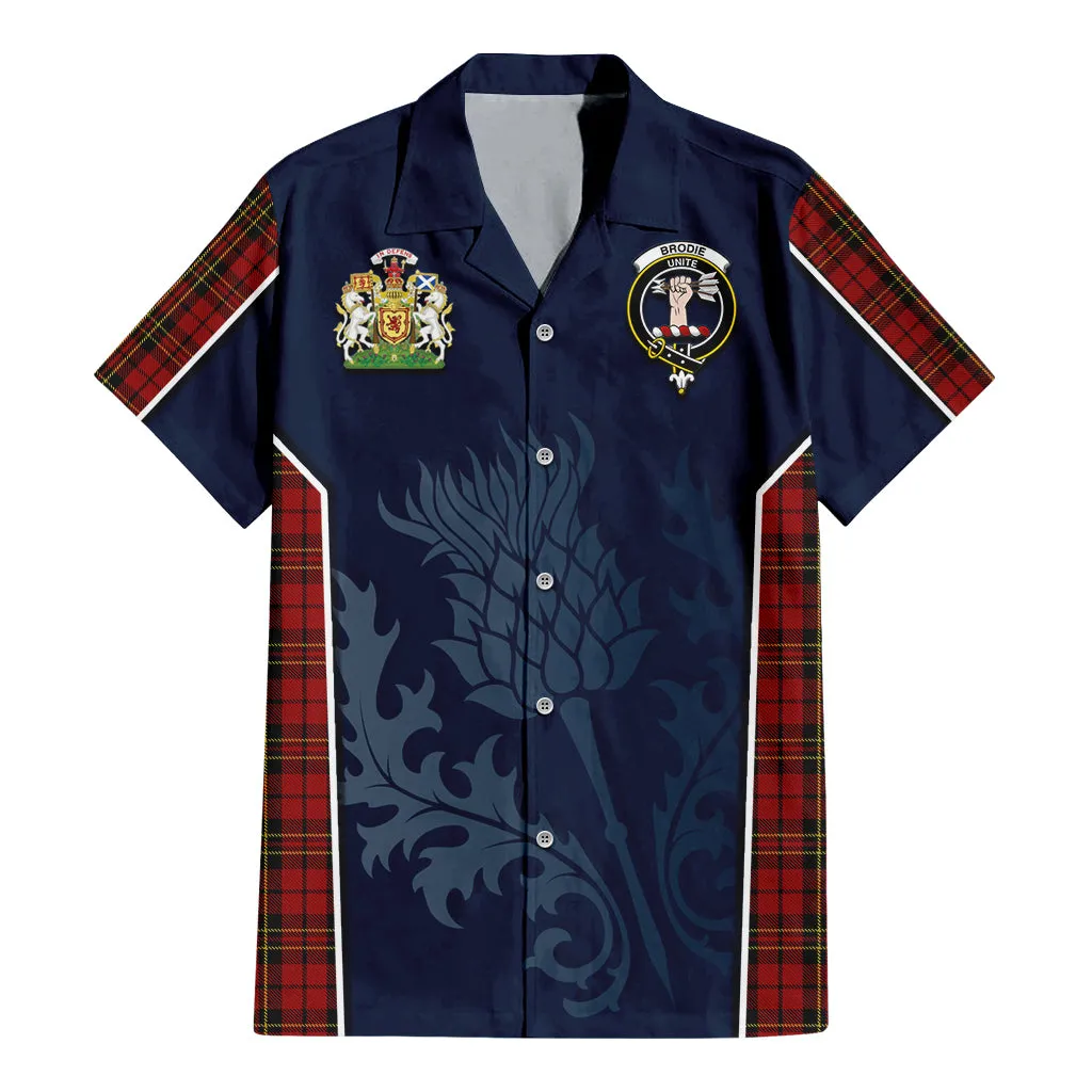 Brodie Tartan Short Sleeve Button Up Shirt with Family Crest and Scottish Thistle Vibes Sport Style