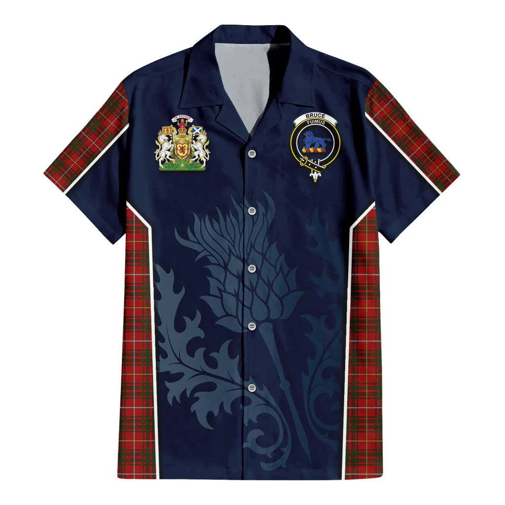 Bruce Tartan Short Sleeve Button Up Shirt with Family Crest and Scottish Thistle Vibes Sport Style