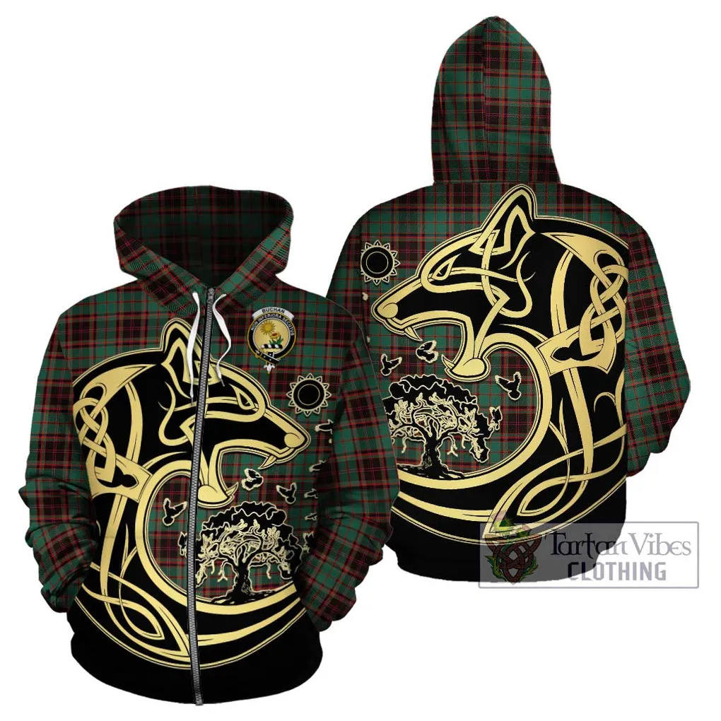 Buchan Ancient Tartan Hoodie with Family Crest Celtic Wolf Style