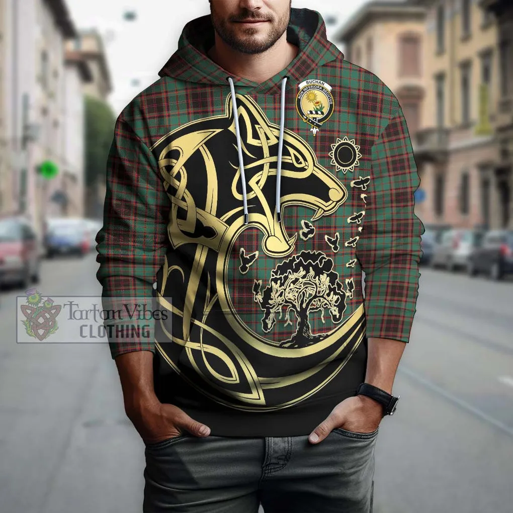 Buchan Ancient Tartan Hoodie with Family Crest Celtic Wolf Style