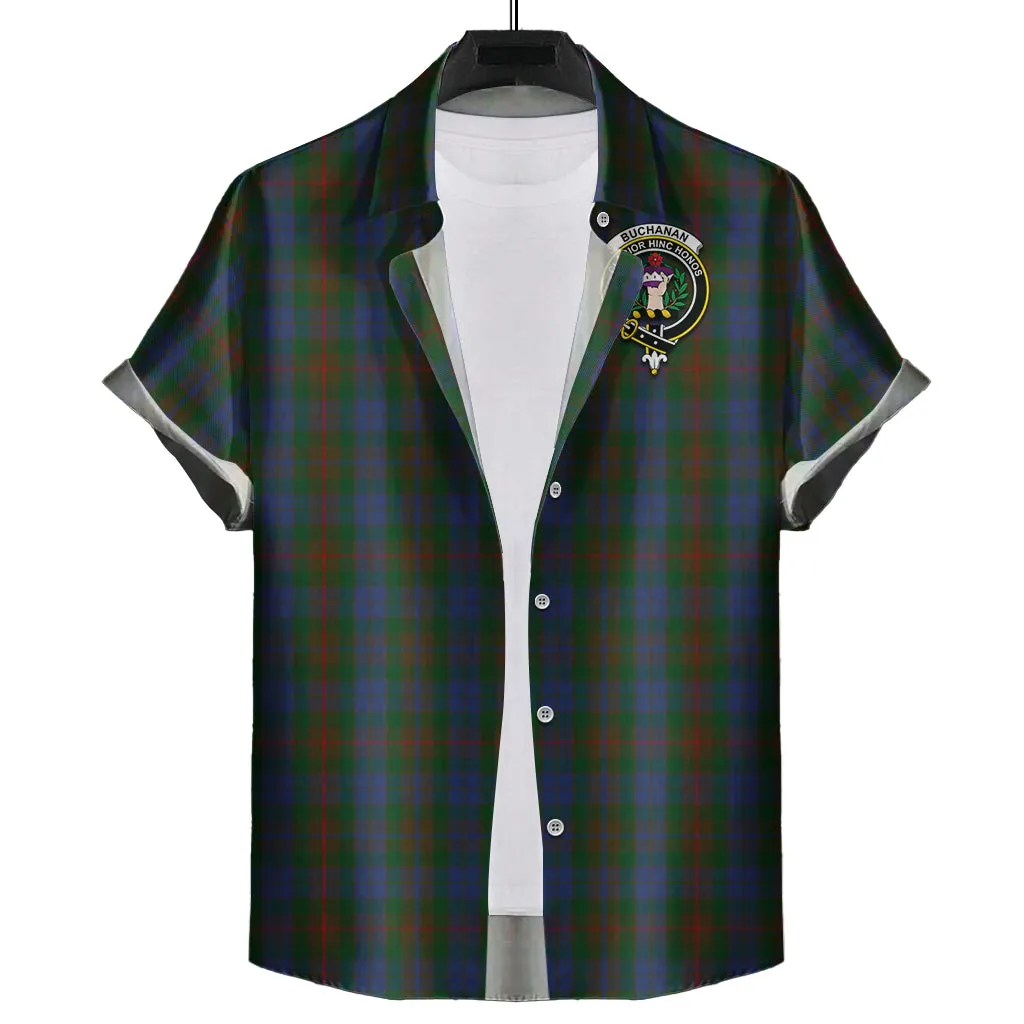 Buchanan Hunting Tartan Short Sleeve Button Down Shirt with Family Crest