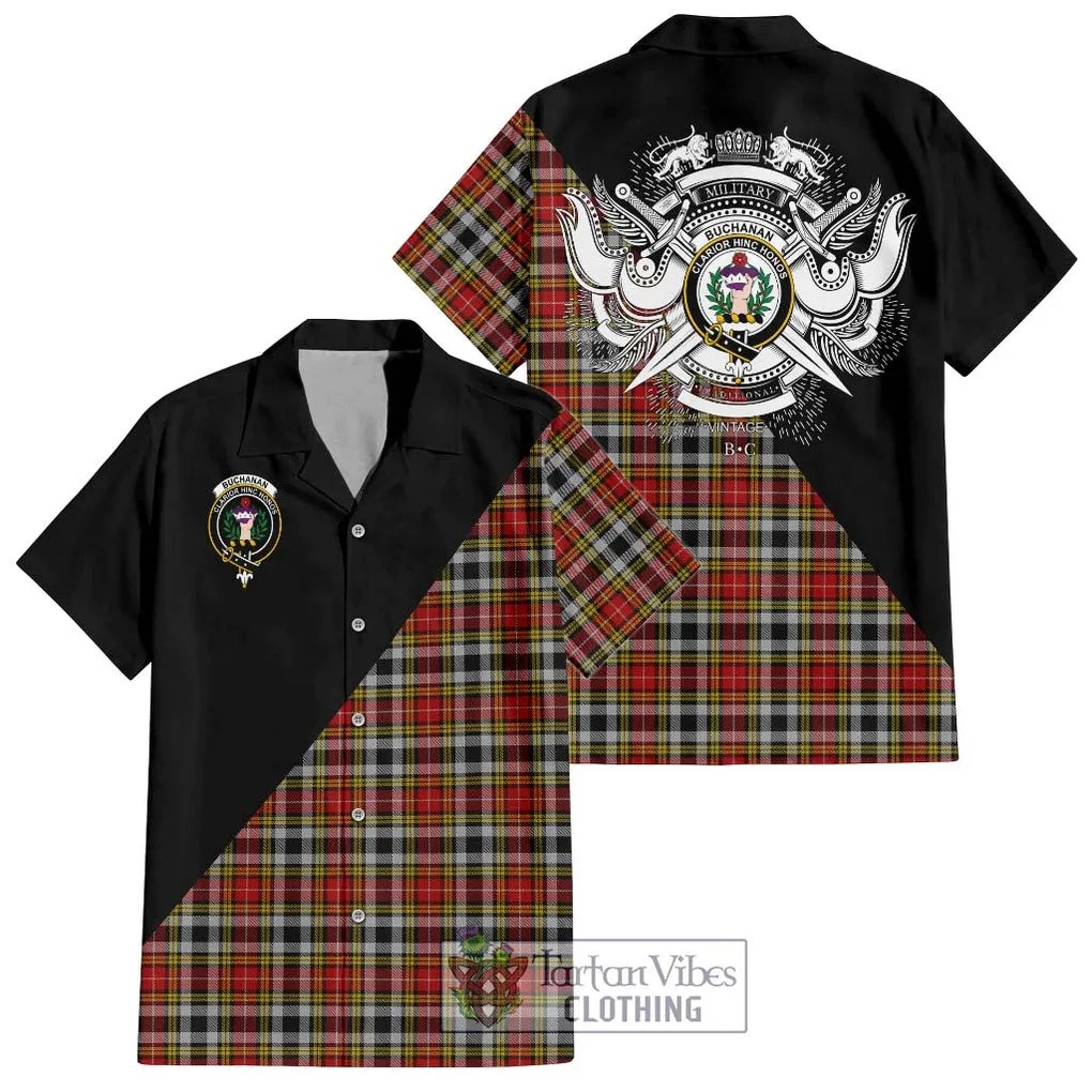 Buchanan Old Dress Tartan Short Sleeve Button Shirt with Family Crest and Military Logo Style