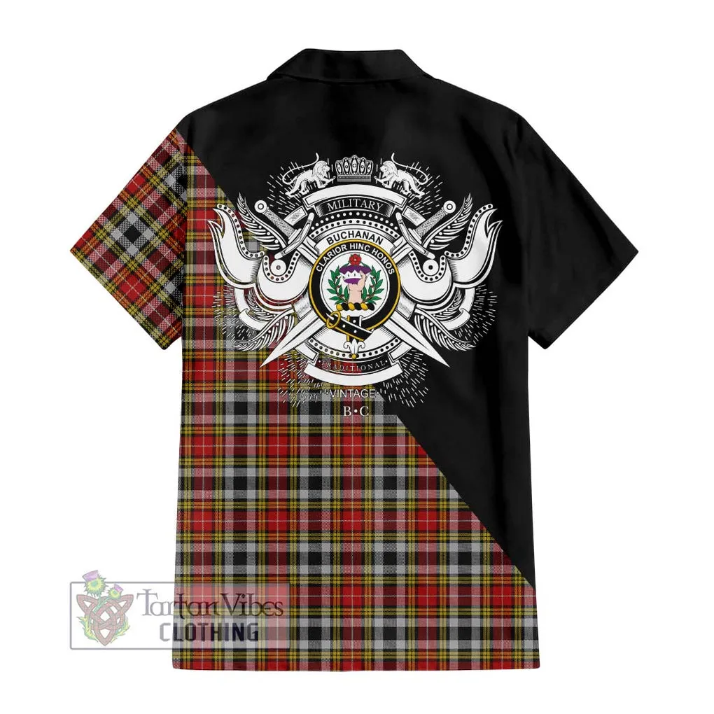 Buchanan Old Dress Tartan Short Sleeve Button Shirt with Family Crest and Military Logo Style