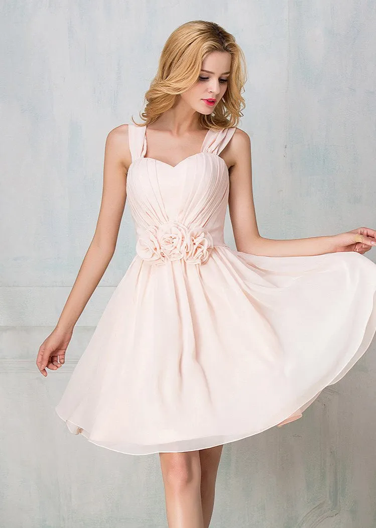 Cape-shoulder cocktail-length chiffon short prom dress