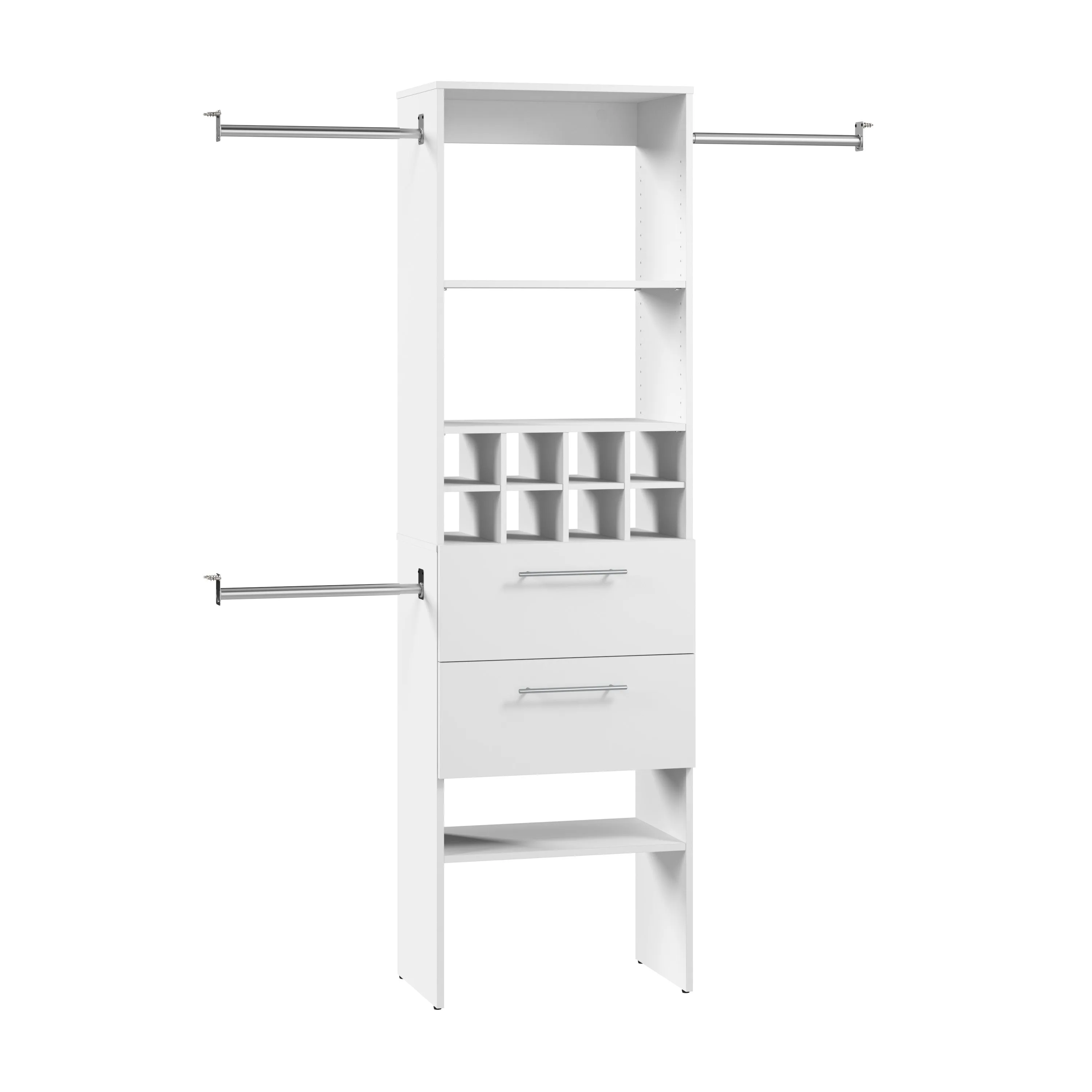 Carina Closet 24W Closet Organizer with Clothing Rods in Drawers in and Cubbies in White