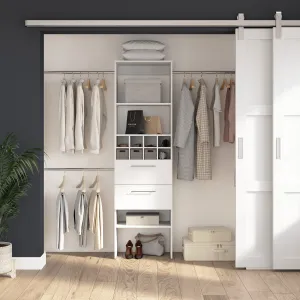 Carina Closet 24W Closet Organizer with Clothing Rods in Drawers in and Cubbies in White