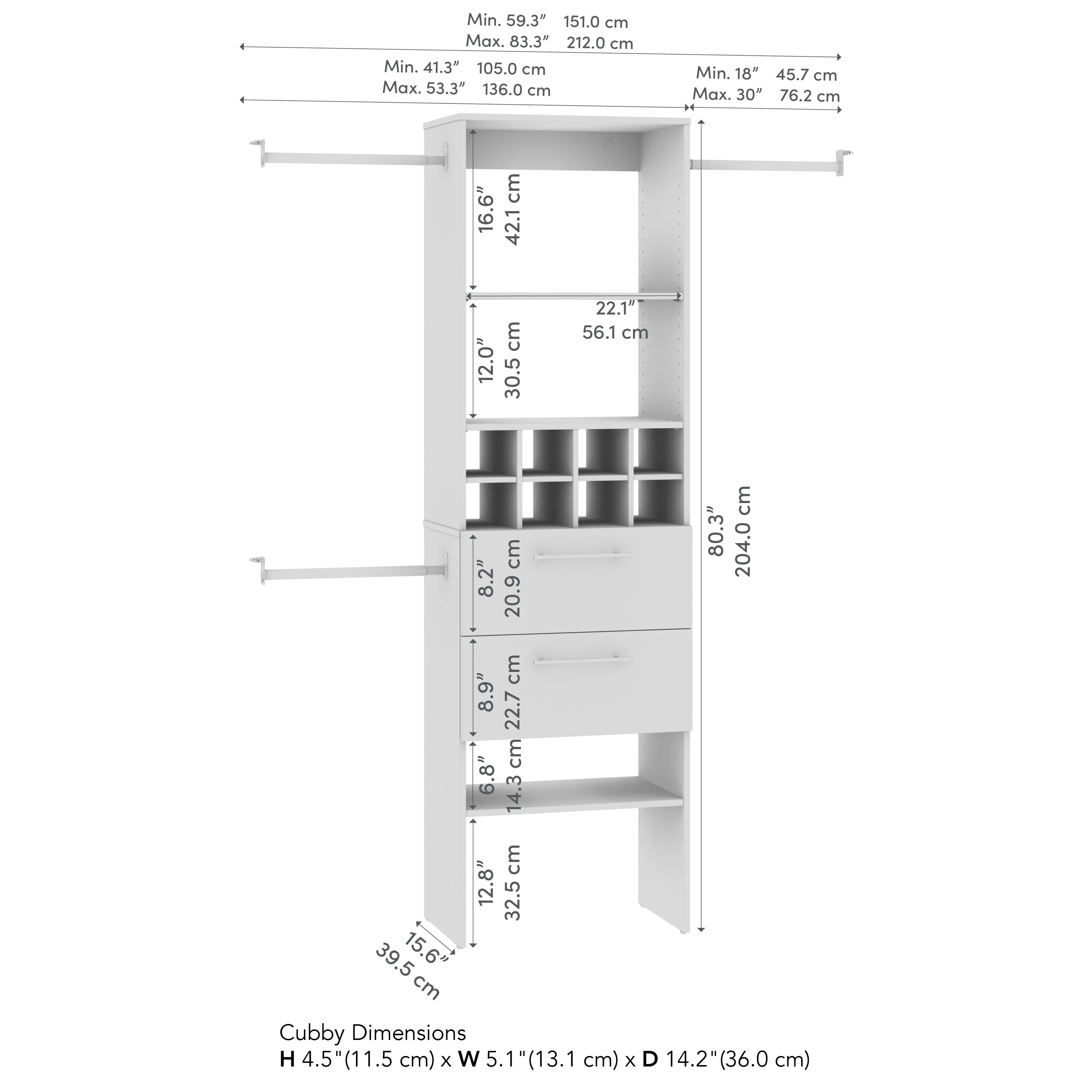 Carina Closet 24W Closet Organizer with Clothing Rods in Drawers in and Cubbies in White