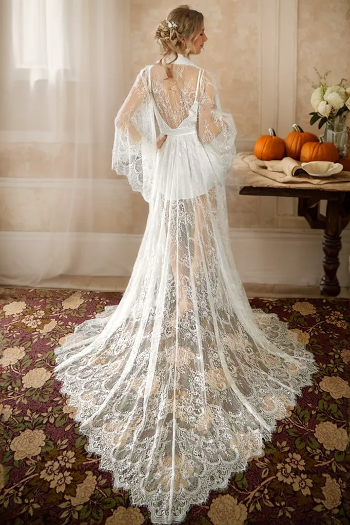 Chantilly floral lace mesh long Lingerie Robe with train bridal gift wedding robe