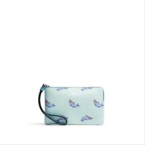 Coach Women's Blue Multi Corner Zip Wristlet With Dolphin Print