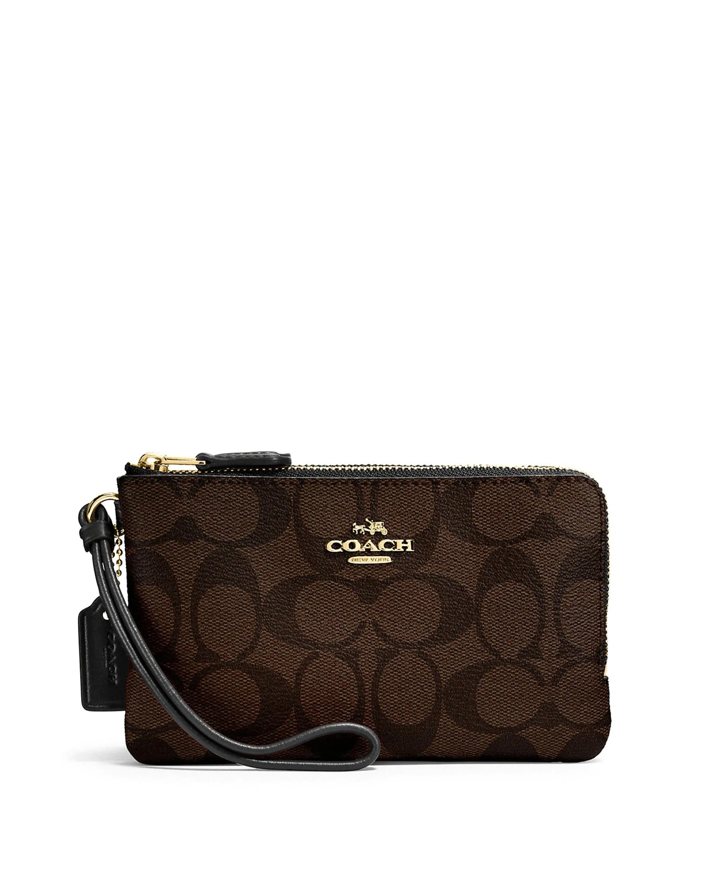 Coach Women's Brown & Black Double Corner Zip Wristlet In Signature Canvas