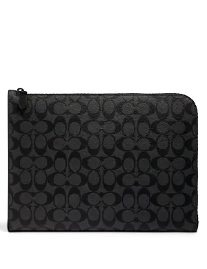 Coach Women's Graphite & Black L-Zip Portfolio In Signature Canvas