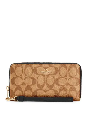 Coach Women's Khaki & Black Long Zip Around Wallet In Signature Canvas