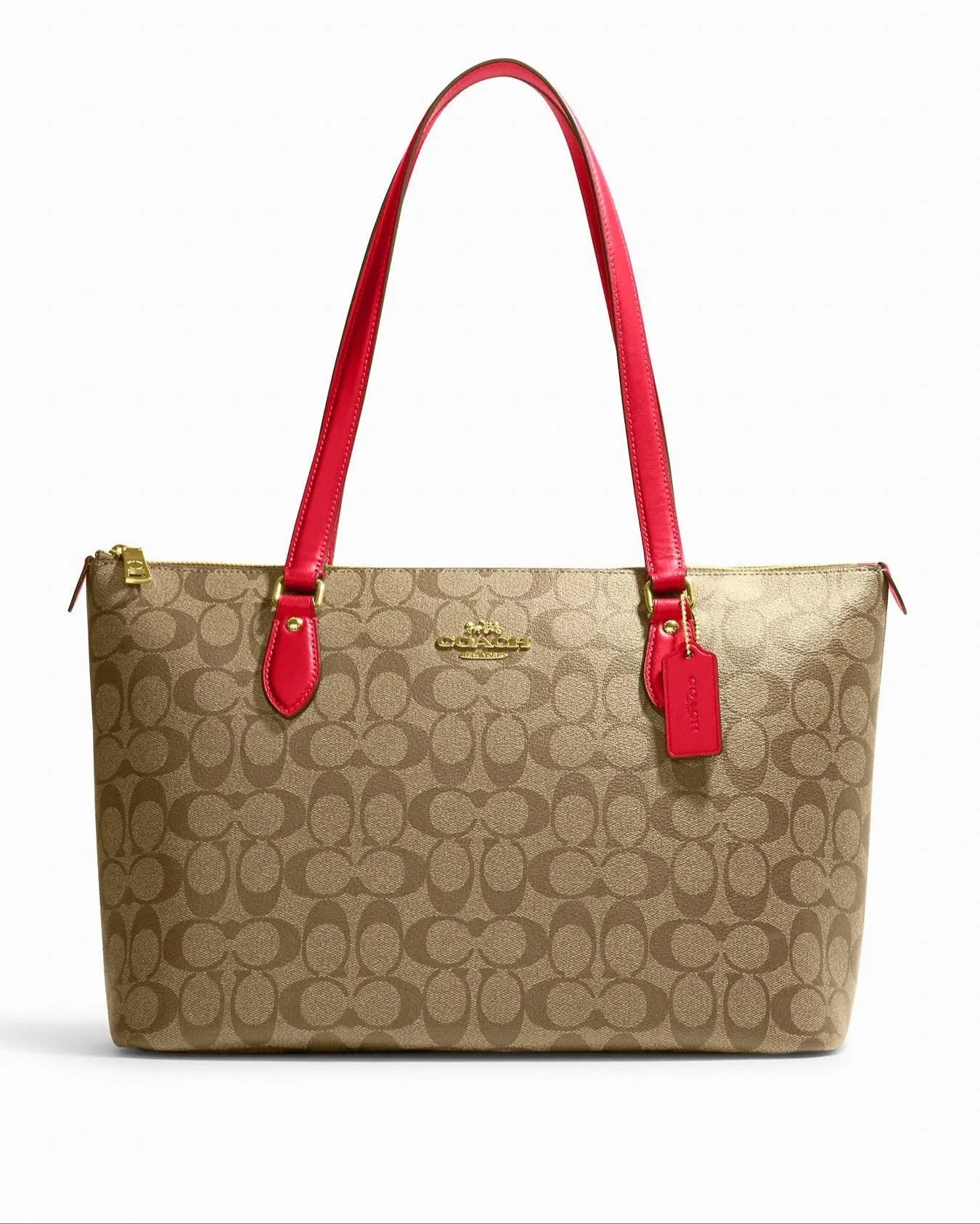 Coach Women's Khaki & Electric Red Gallery Tote In Signature Canvas